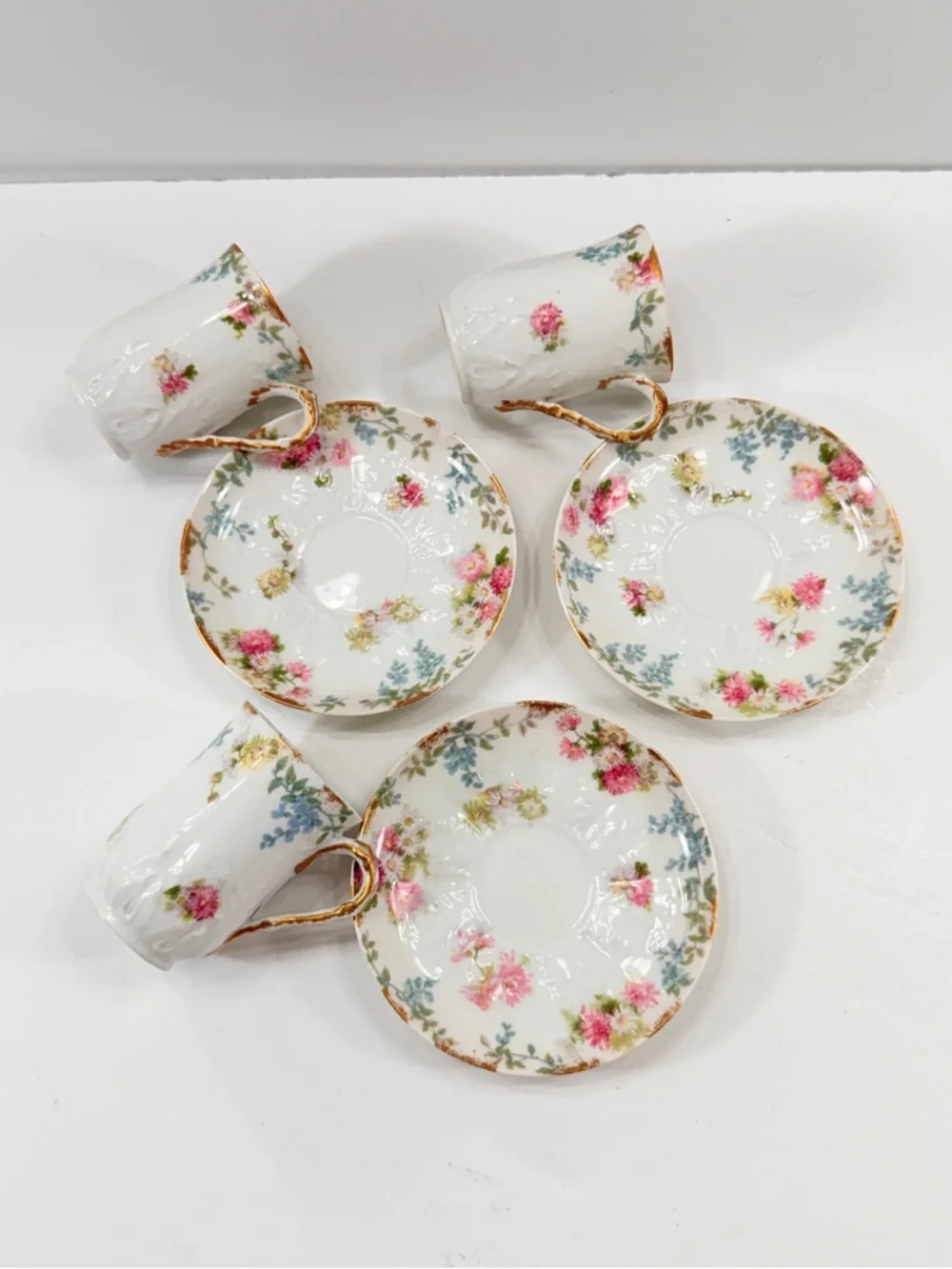 CH Field Haviland Limoges Porcelain Demitasse Cups & Saucers, 3 Sets Flowers Vtg